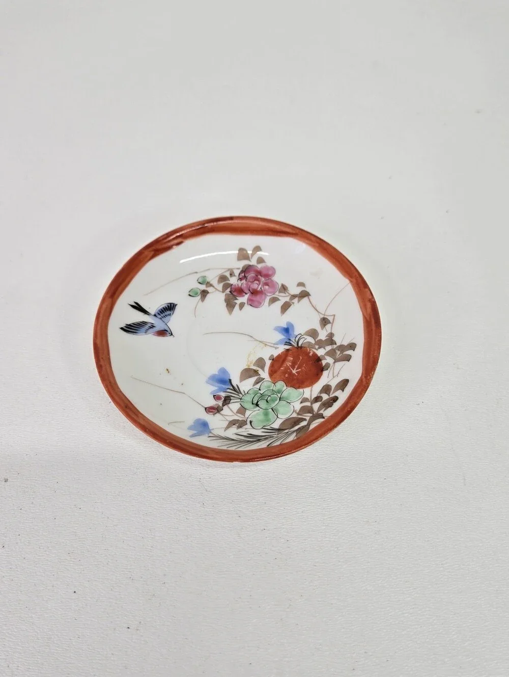 Antique Japanese Kutani‎ Porcelain Small Dish Bird Floral Red Rim Saucer Plate
